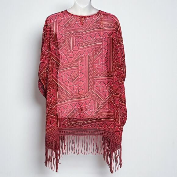 Bit & Bridle Fringe Kimono Cardigan Plus One Size Aztec Fuchsia Burgundy Boho - Picture 6 of 8